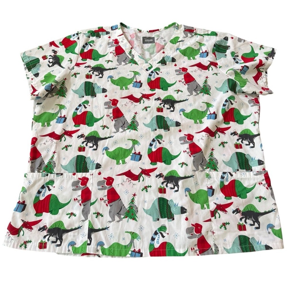 Butter Soft Originals Scrub Top 3X Christmas Dinosaurs Holiday Medical Nurse Vet